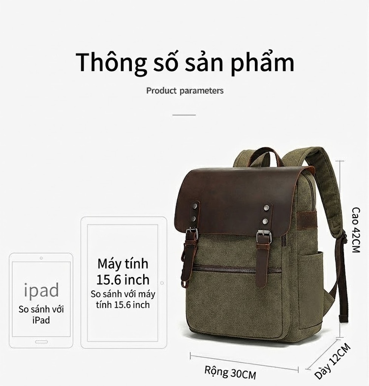 Balo Nam Nữ Vải Canvas Quai Da Bò Phong Cách Retro Đựng Laptop Màu Xanh Rêu, Nâu, Xám, Nâu Đất... chi tiết 7