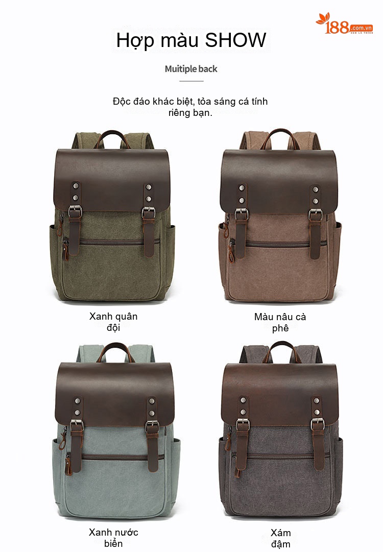 Balo Nam Nữ Vải Canvas Quai Da Bò Phong Cách Retro Đựng Laptop Màu Xanh Rêu, Nâu, Xám, Nâu Đất... chi tiết 4