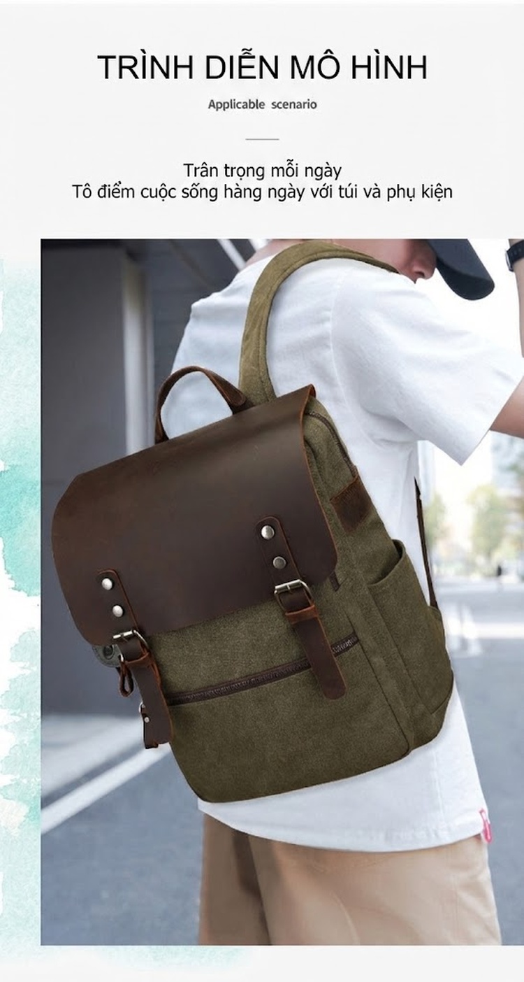 Balo Nam Nữ Vải Canvas Quai Da Bò Phong Cách Retro Đựng Laptop Màu Xanh Rêu, Nâu, Xám, Nâu Đất... chi tiết 5