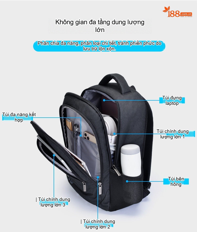 Balo Nam OSOCE Chống Nước Đựng Laptop Công Sở Cao Cấp Dung Tích Lớn Màu Đen chi tiết 2
