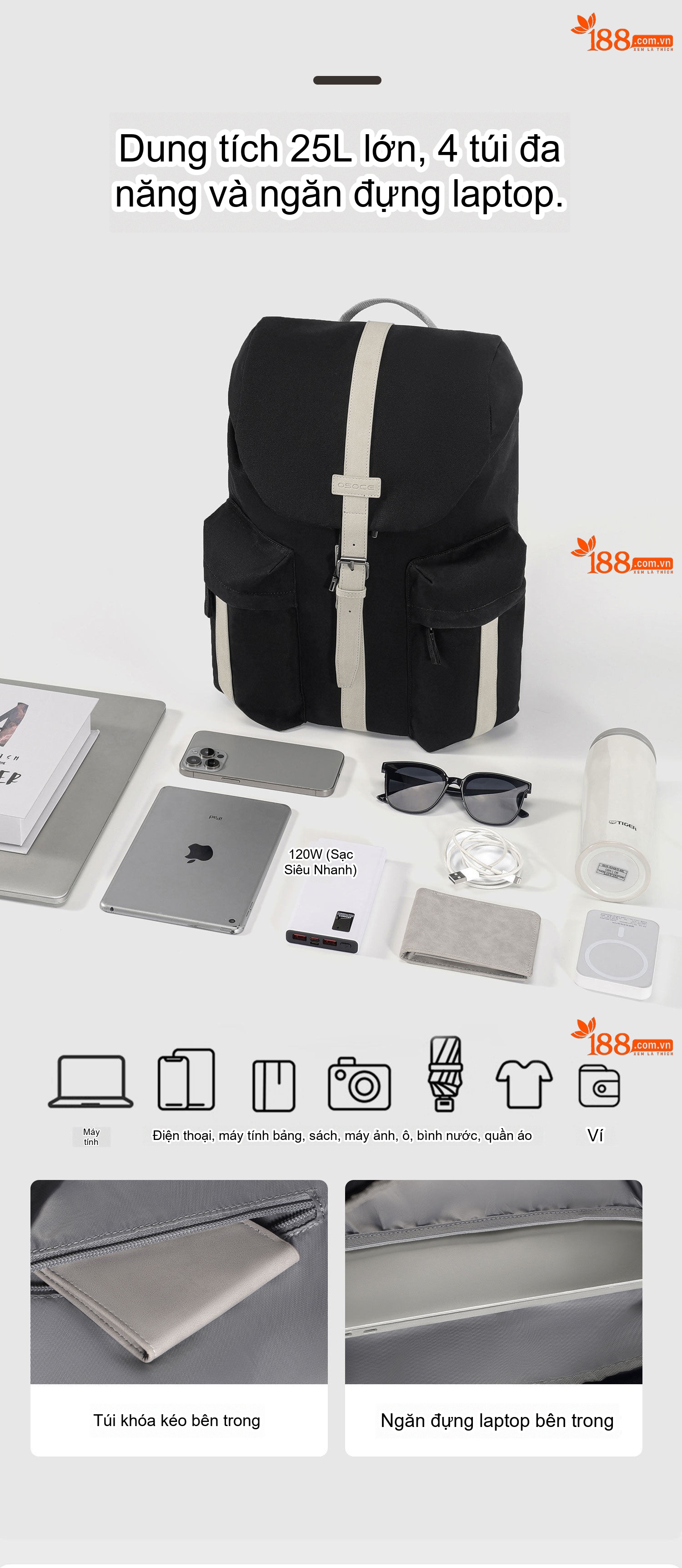 Balo Nam OSOCE Vải Canvas Chống Thấm Nước Chống Xước Đựng Laptop 16 Inch Màu Đen chi tiết 7