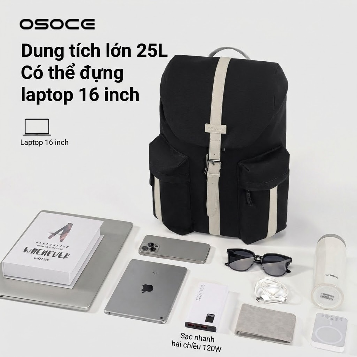 Balo Nam OSOCE Vải Canvas Chống Thấm Nước Chống Xước Đựng Laptop 16 Inch Màu Đen