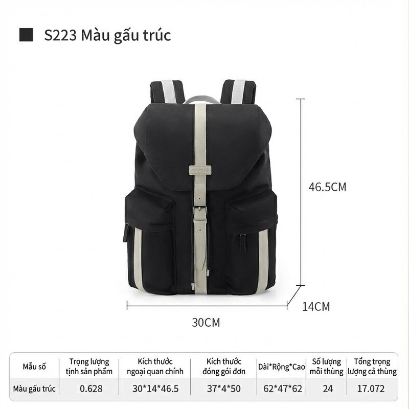 Balo Nam OSOCE Vải Canvas Chống Thấm Nước Chống Xước Đựng Laptop 16 Inch Màu Đen