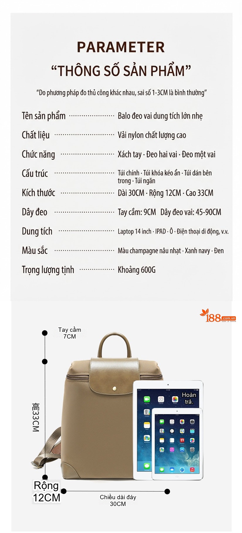 Balo Nữ Cao Cấp Phong Cách Âu Mỹ Chất Liệu Nylon Chống Thấm Nước, Đựng Laptop, Đi Làm, Du Lịch Màu Nâu chi tiết 3