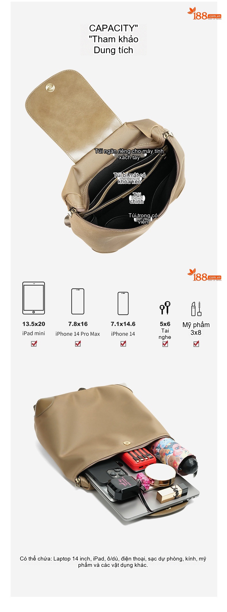 Balo Nữ Cao Cấp Phong Cách Âu Mỹ Chất Liệu Nylon Chống Thấm Nước, Đựng Laptop, Đi Làm, Du Lịch Màu Nâu chi tiết 4