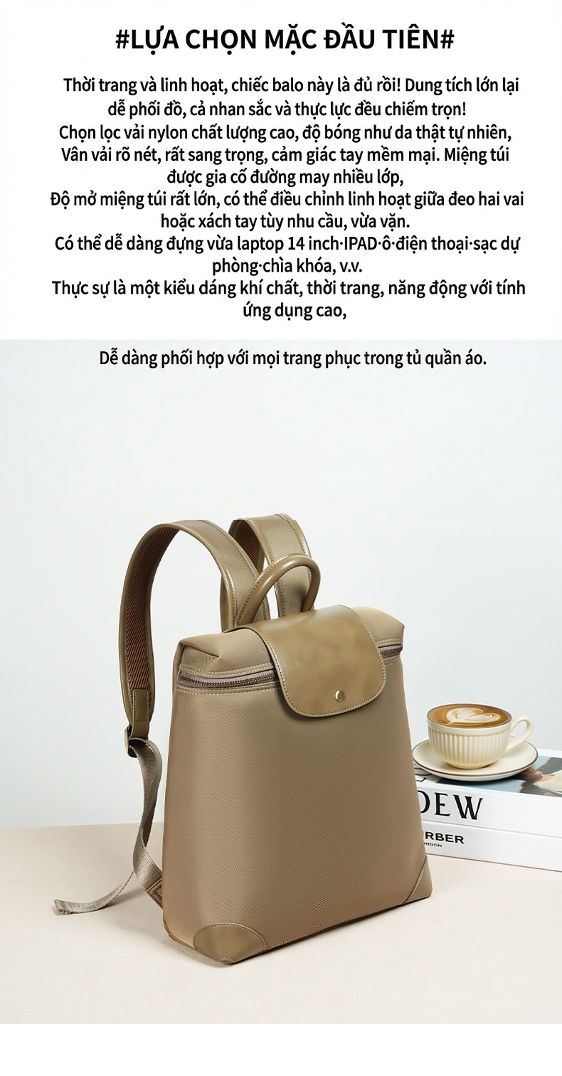 Balo Nữ Cao Cấp Phong Cách Âu Mỹ Chất Liệu Nylon Chống Thấm Nước, Đựng Laptop, Đi Làm, Du Lịch Màu Nâu chi tiết 5