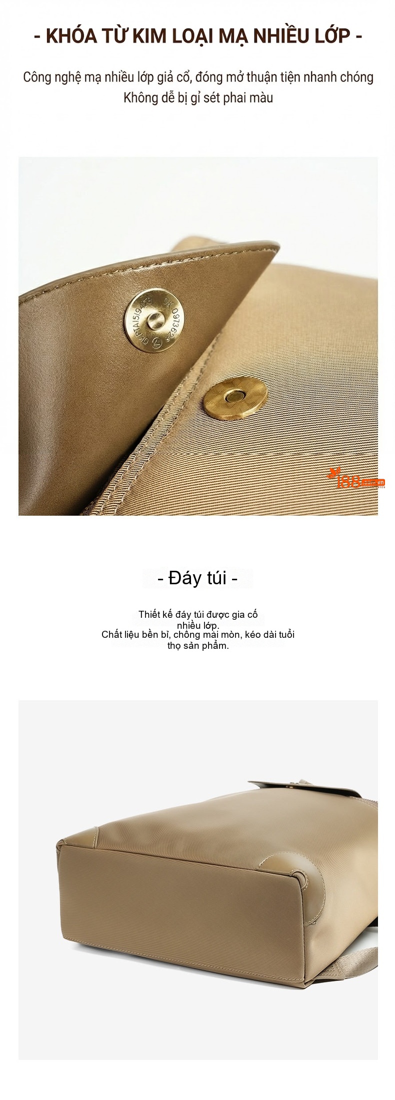 Balo Nữ Cao Cấp Phong Cách Âu Mỹ Chất Liệu Nylon Chống Thấm Nước, Đựng Laptop, Đi Làm, Du Lịch Màu Nâu chi tiết 16