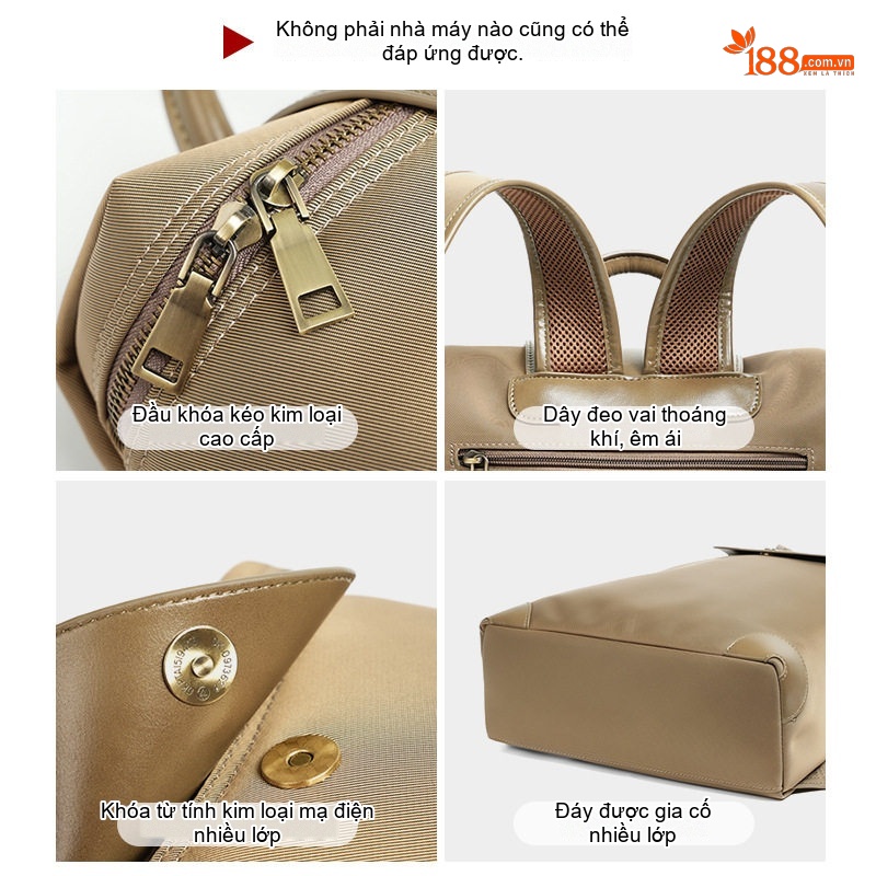 Balo Nữ Cao Cấp Phong Cách Âu Mỹ Chất Liệu Nylon Chống Thấm Nước, Đựng Laptop, Đi Làm, Du Lịch Màu Nâu