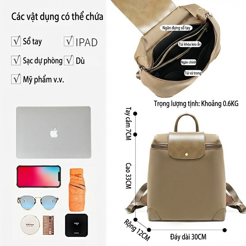 Balo Nữ Cao Cấp Phong Cách Âu Mỹ Chất Liệu Nylon Chống Thấm Nước, Đựng Laptop, Đi Làm, Du Lịch Màu Nâu