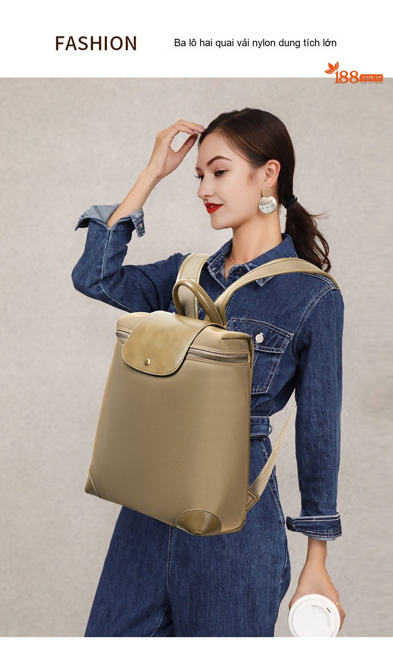 Balo Nữ Cao Cấp Phong Cách Âu Mỹ Chất Liệu Nylon Chống Thấm Nước, Đựng Laptop, Đi Làm, Du Lịch Màu Nâu chi tiết 2