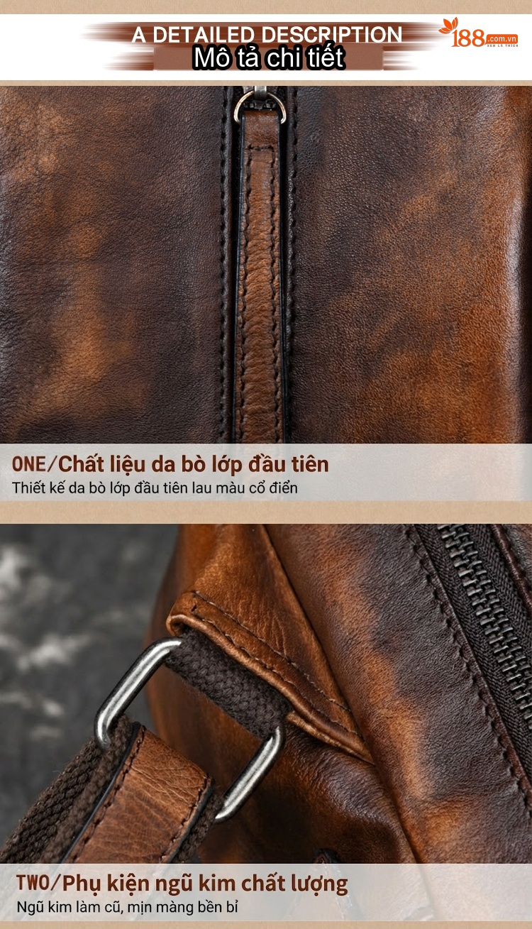 Balo Nữ Da Bò Cổ Điển Thủ Công Màu Nâu chi tiết 13