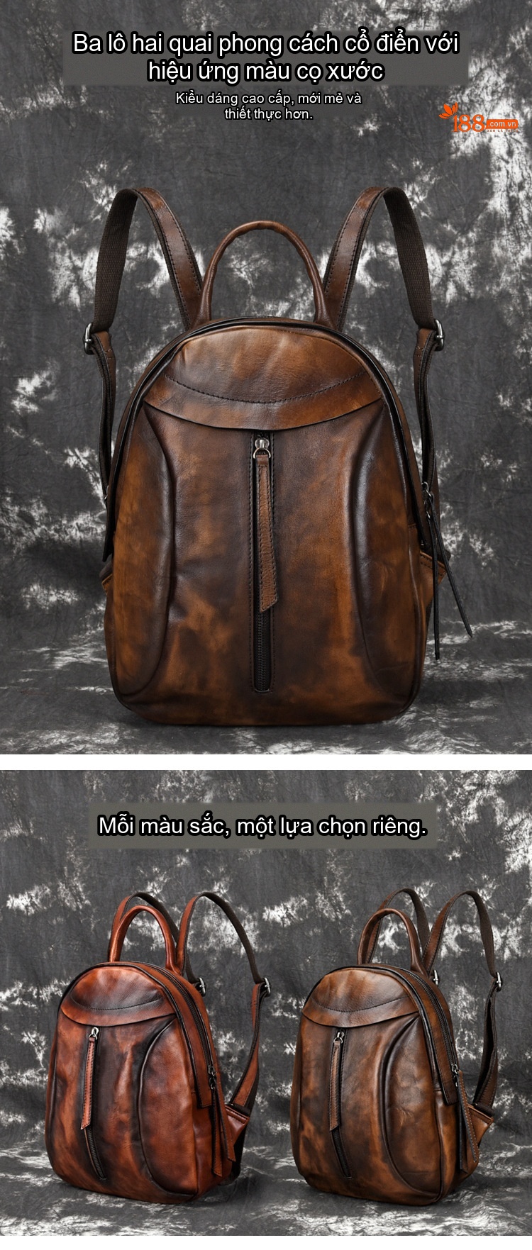 Balo Nữ Da Bò Cổ Điển Thủ Công Màu Nâu chi tiết 1
