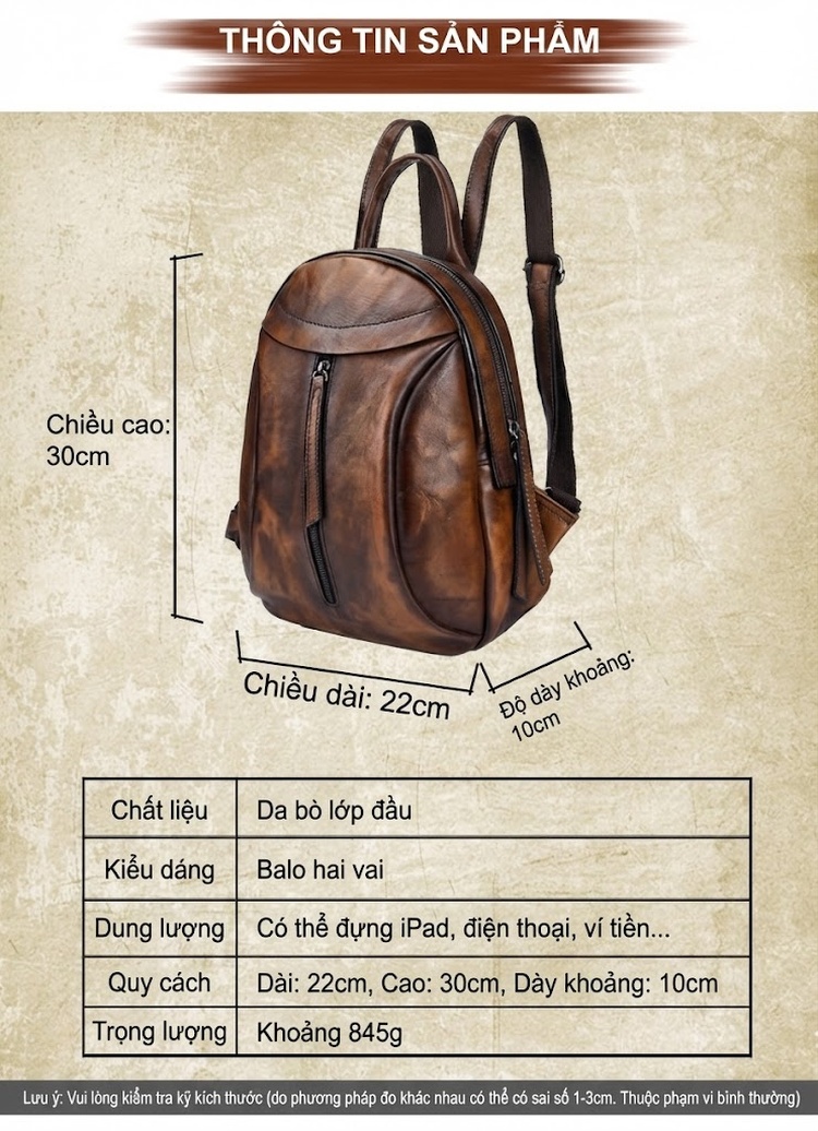 Balo Nữ Da Bò Cổ Điển Thủ Công Màu Nâu chi tiết 2