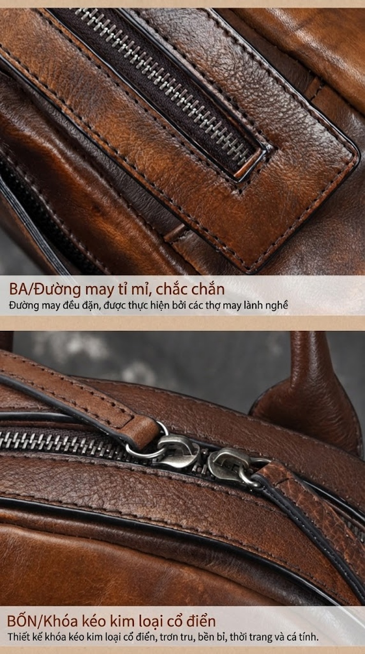 Balo Nữ Da Bò Cổ Điển Thủ Công Màu Nâu chi tiết 14
