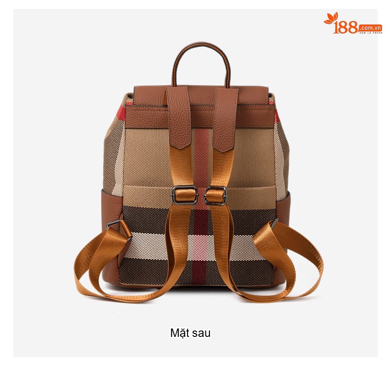 Balo Nữ Da Bò Họa Tiết Kẻ Ô Anh Quốc Phong Cách Vintage Hàn Quốc Màu Nâu, Be chi tiết 8