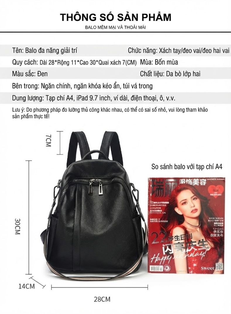Balo Nữ Da Bò May Đường Chỉ Phong Cách Đường Phố Màu Đen chi tiết 7