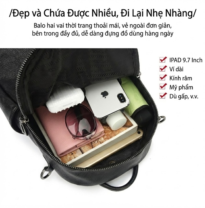 Balo Nữ Da Bò May Đường Chỉ Phong Cách Đường Phố Màu Đen chi tiết 8