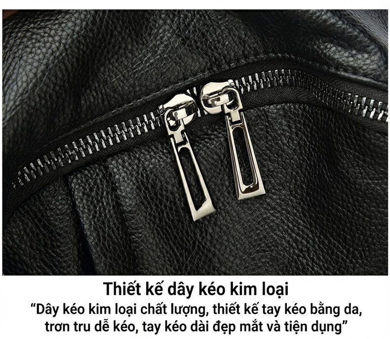Balo Nữ Da Bò May Đường Chỉ Phong Cách Đường Phố Màu Đen chi tiết 15