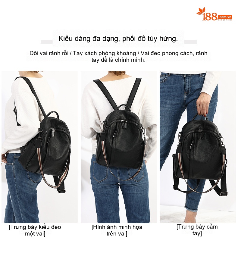 Balo Nữ Da Bò May Đường Chỉ Phong Cách Đường Phố Màu Đen chi tiết 5