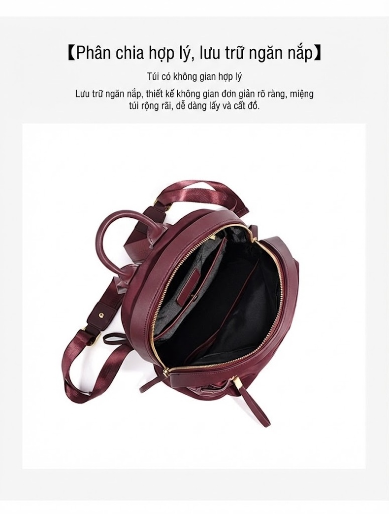 Balo Nữ Da Bò Phối Nylon Kiểu Dáng Hàn Quốc Màu Đỏ Tía chi tiết 4