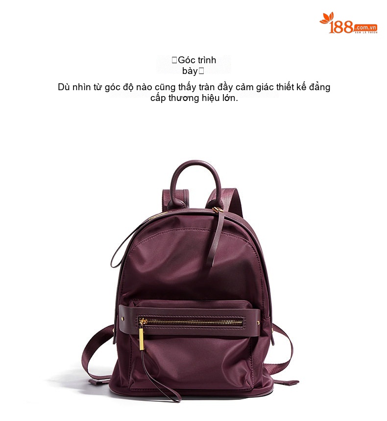 Balo Nữ Da Bò Phối Nylon Kiểu Dáng Hàn Quốc Màu Đỏ Tía chi tiết 8