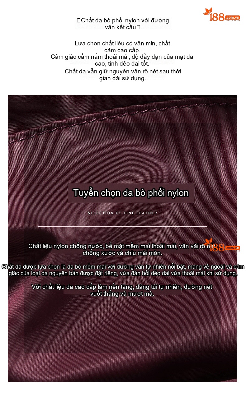 Balo Nữ Da Bò Phối Nylon Kiểu Dáng Hàn Quốc Màu Đỏ Tía chi tiết 5