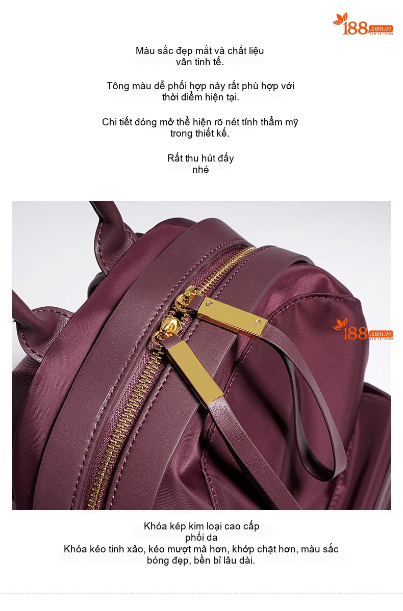 Balo Nữ Da Bò Phối Nylon Kiểu Dáng Hàn Quốc Màu Đỏ Tía chi tiết 6