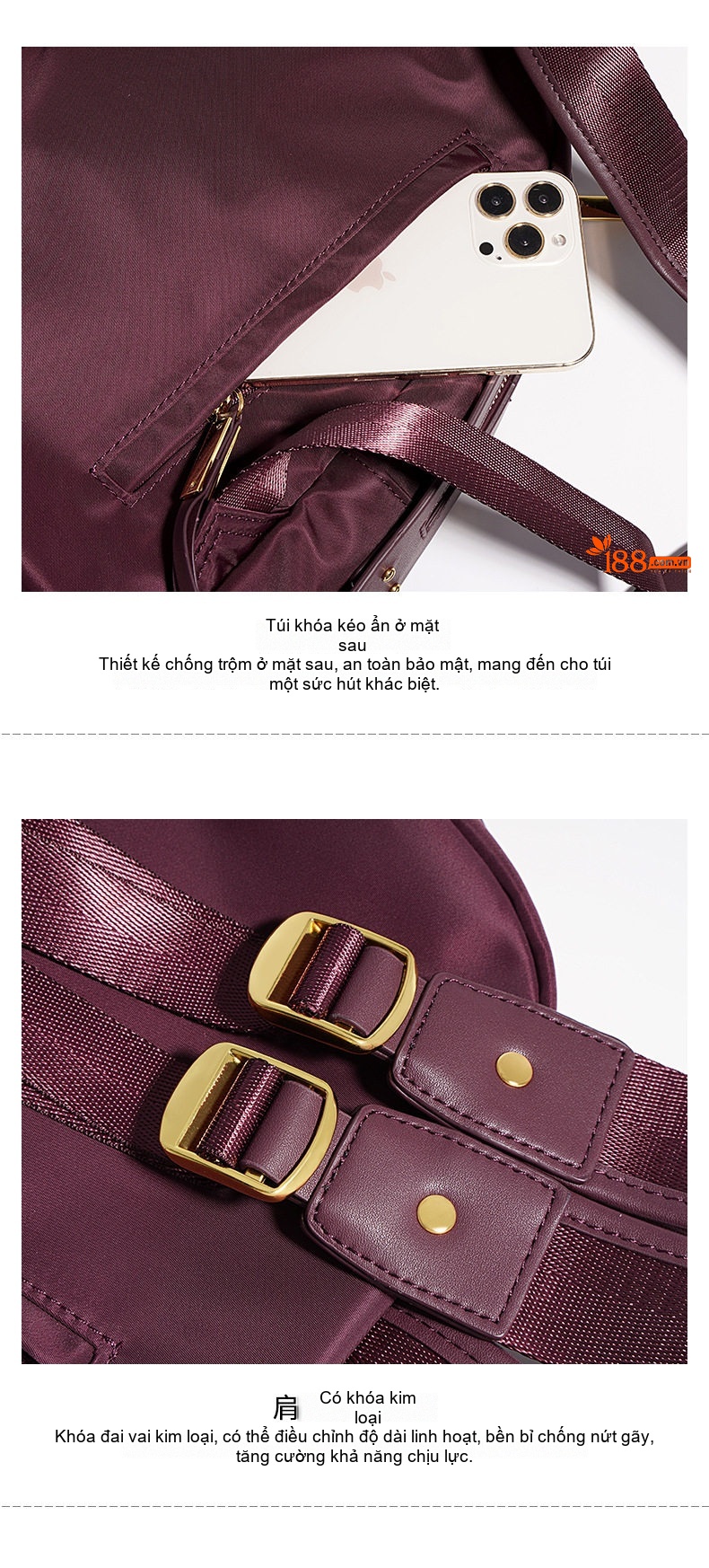 Balo Nữ Da Bò Phối Nylon Kiểu Dáng Hàn Quốc Màu Đỏ Tía chi tiết 7