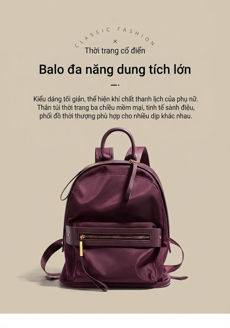 Balo Nữ Da Bò Phối Nylon Kiểu Dáng Hàn Quốc Màu Đỏ Tía chi tiết 2