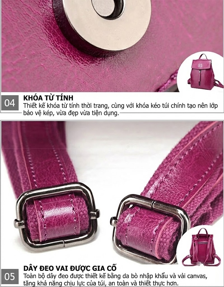 Balo Nữ Da Bò Thời Trang Âu Mỹ Cổ Điển Màu Đen, Nâu, Hồng chi tiết 16