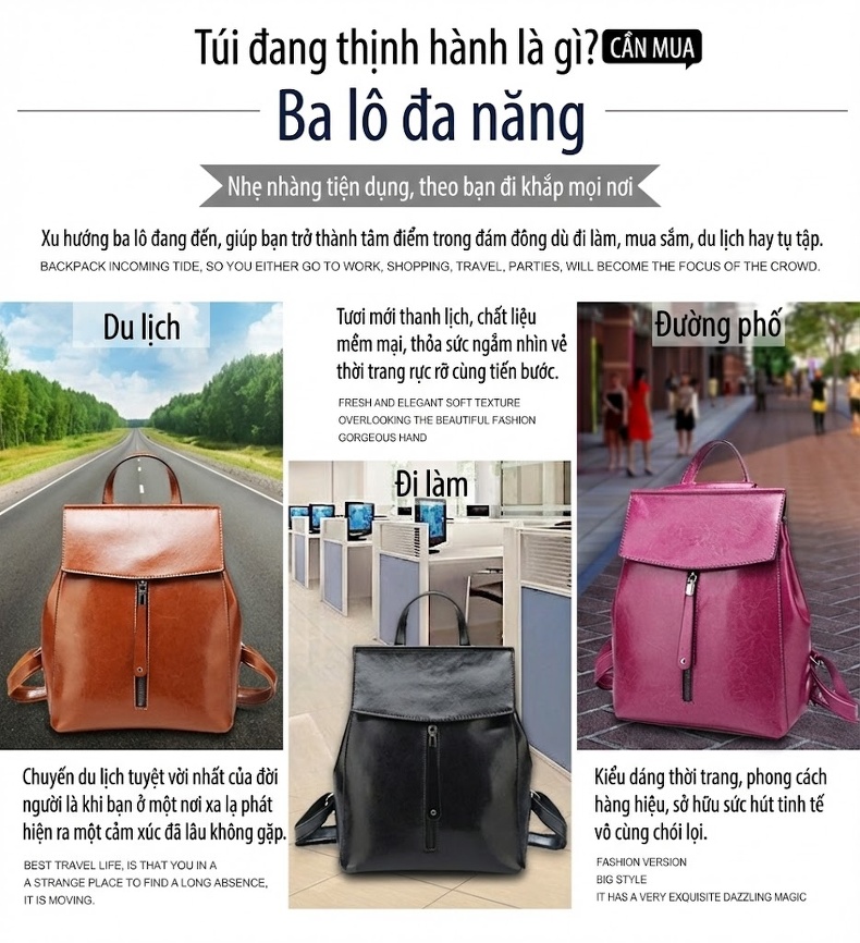 Balo Nữ Da Bò Thời Trang Âu Mỹ Cổ Điển Màu Đen, Nâu, Hồng chi tiết 11