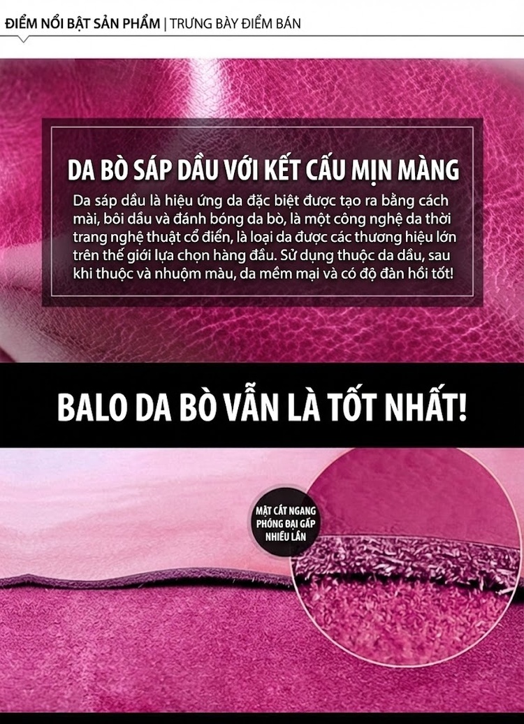 Balo Nữ Da Bò Thời Trang Âu Mỹ Cổ Điển Màu Đen, Nâu, Hồng chi tiết 12