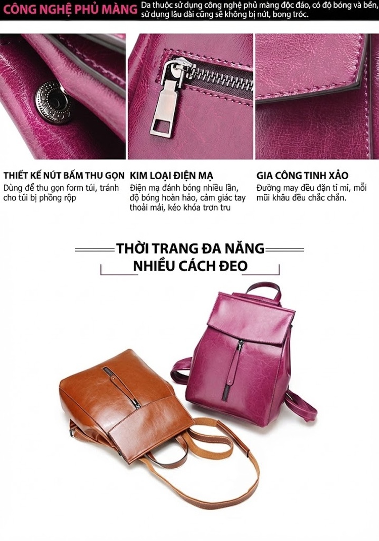 Balo Nữ Da Bò Thời Trang Âu Mỹ Cổ Điển Màu Đen, Nâu, Hồng chi tiết 13