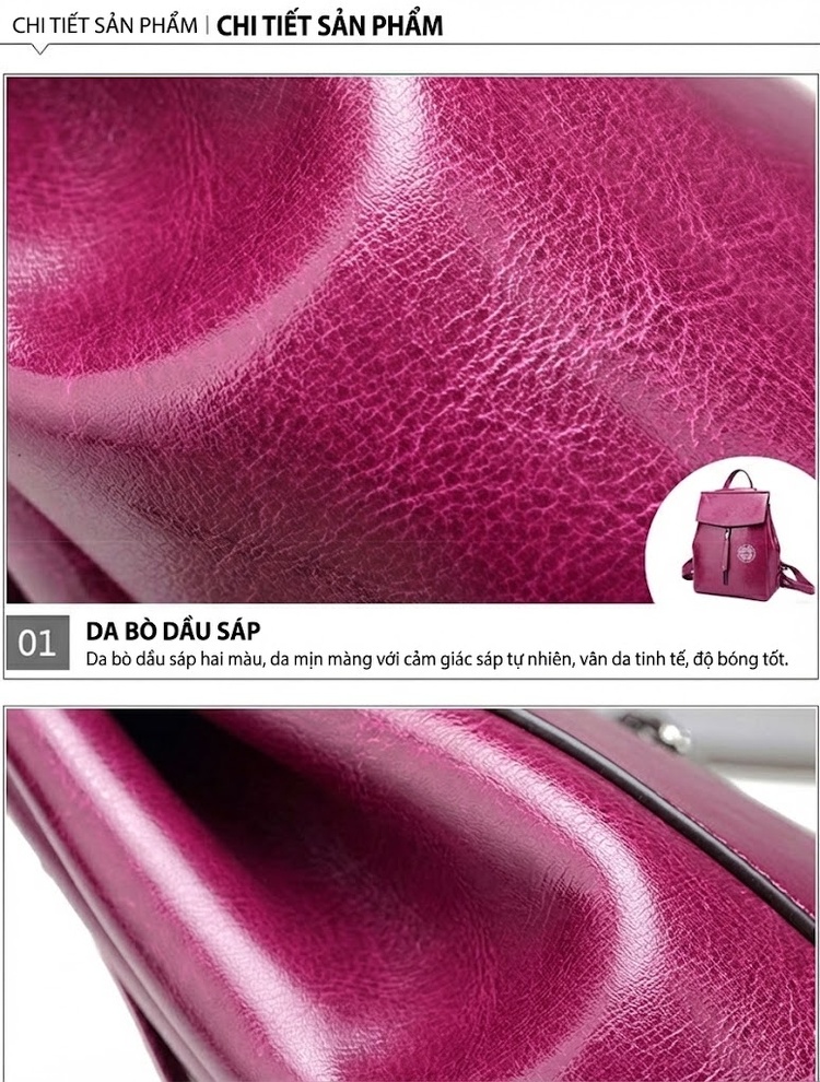 Balo Nữ Da Bò Thời Trang Âu Mỹ Cổ Điển Màu Đen, Nâu, Hồng chi tiết 14