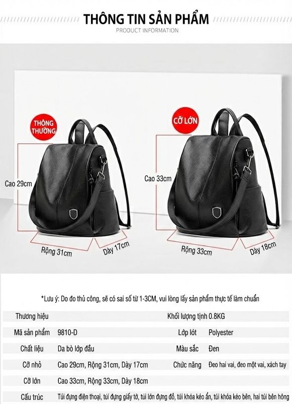 Balo Nữ Da Bò Thời Trang Cổ Điển Đựng Được Nhiều Đồ Màu Đen chi tiết 4