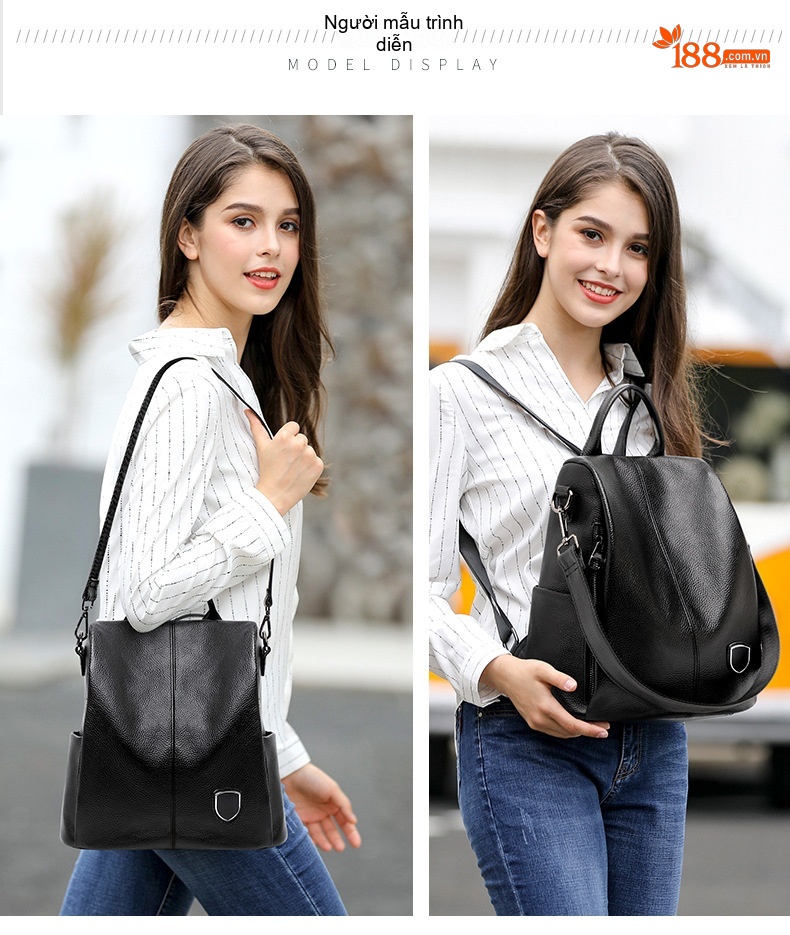 Balo Nữ Da Bò Thời Trang Cổ Điển Đựng Được Nhiều Đồ Màu Đen chi tiết 5