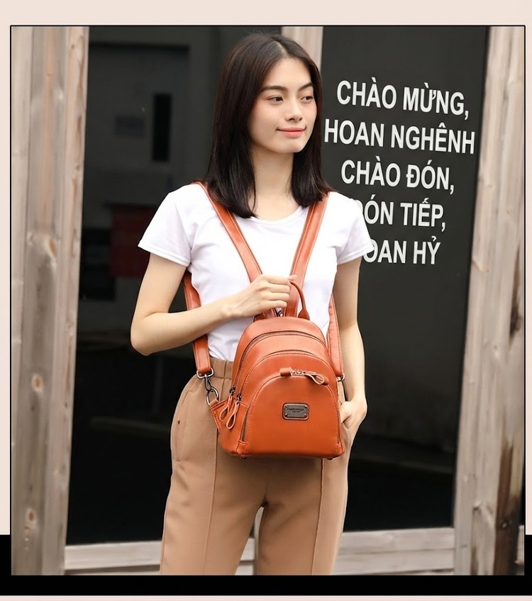 Balo Nữ Da Bóng Nhiều Ngăn Khóa Kéo Phong Cách Retro Màu Nâu, Đen, Đỏ Rượu Vang chi tiết 16