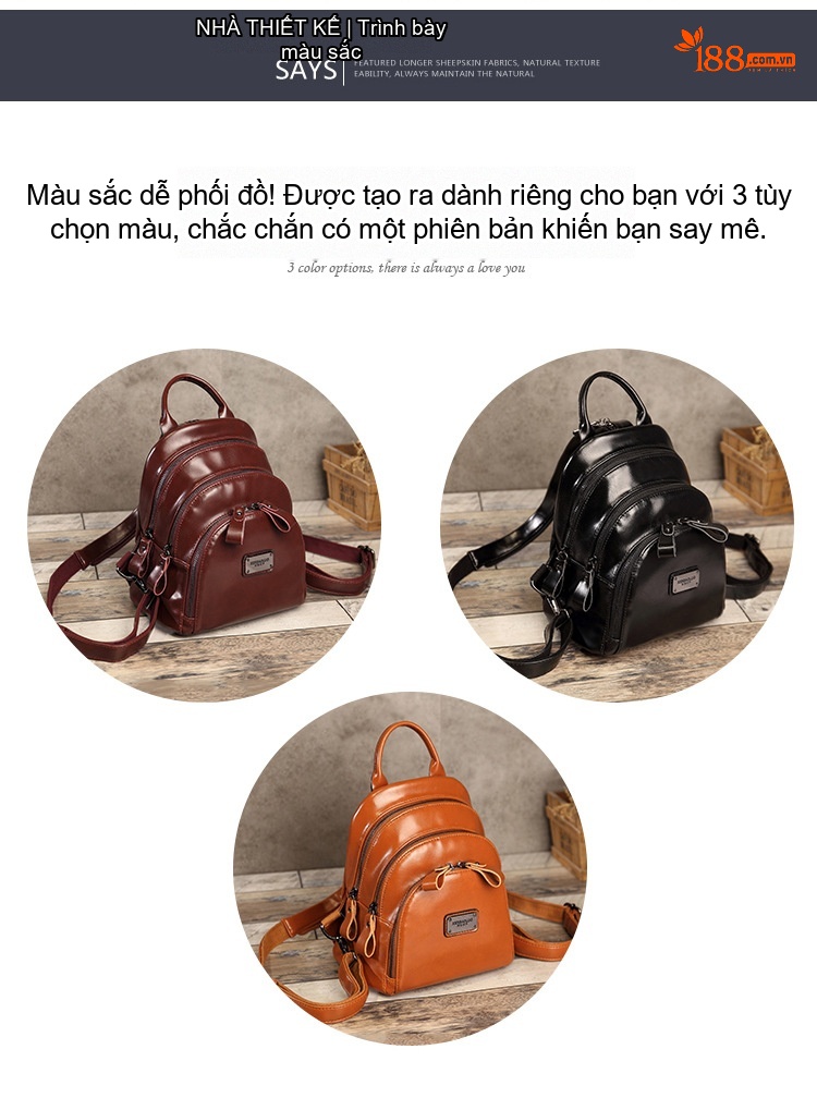 Balo Nữ Da Bóng Nhiều Ngăn Khóa Kéo Phong Cách Retro Màu Nâu, Đen, Đỏ Rượu Vang chi tiết 22
