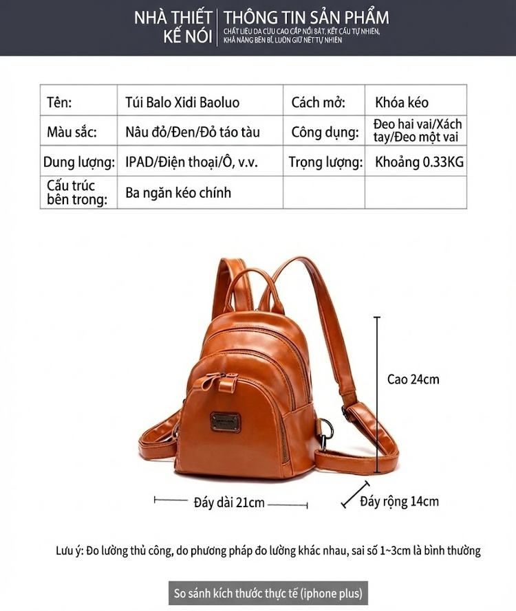 Balo Nữ Da Bóng Nhiều Ngăn Khóa Kéo Phong Cách Retro Màu Nâu, Đen, Đỏ Rượu Vang chi tiết 23