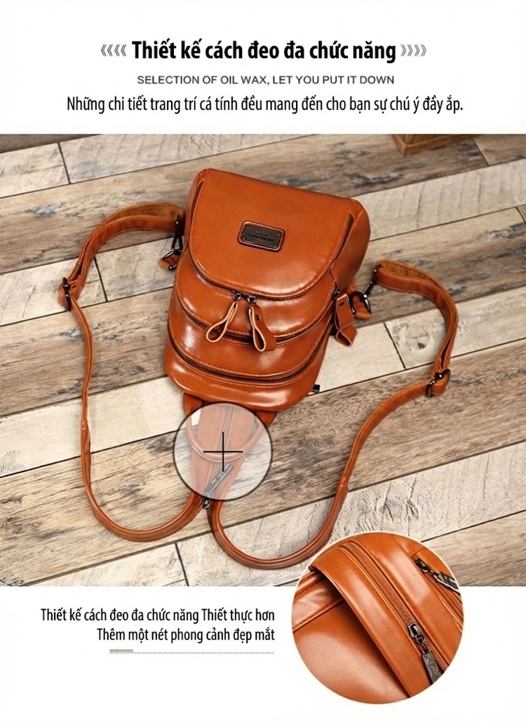 Balo Nữ Da Bóng Nhiều Ngăn Khóa Kéo Phong Cách Retro Màu Nâu, Đen, Đỏ Rượu Vang chi tiết 12