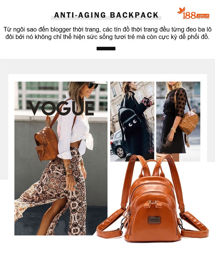 Balo Nữ Da Bóng Nhiều Ngăn Khóa Kéo Phong Cách Retro Màu Nâu, Đen, Đỏ Rượu Vang chi tiết 4
