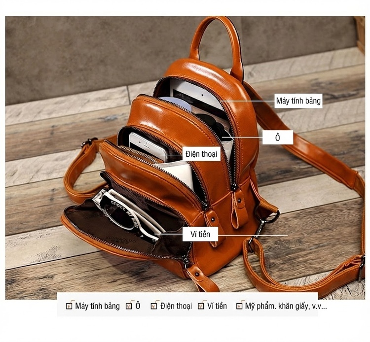 Balo Nữ Da Bóng Nhiều Ngăn Khóa Kéo Phong Cách Retro Màu Nâu, Đen, Đỏ Rượu Vang chi tiết 7
