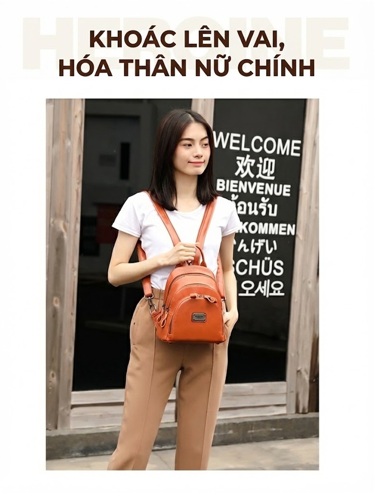 Balo Nữ Da Bóng Nhiều Ngăn Khóa Kéo Phong Cách Retro Màu Nâu, Đen, Đỏ Rượu Vang chi tiết 8