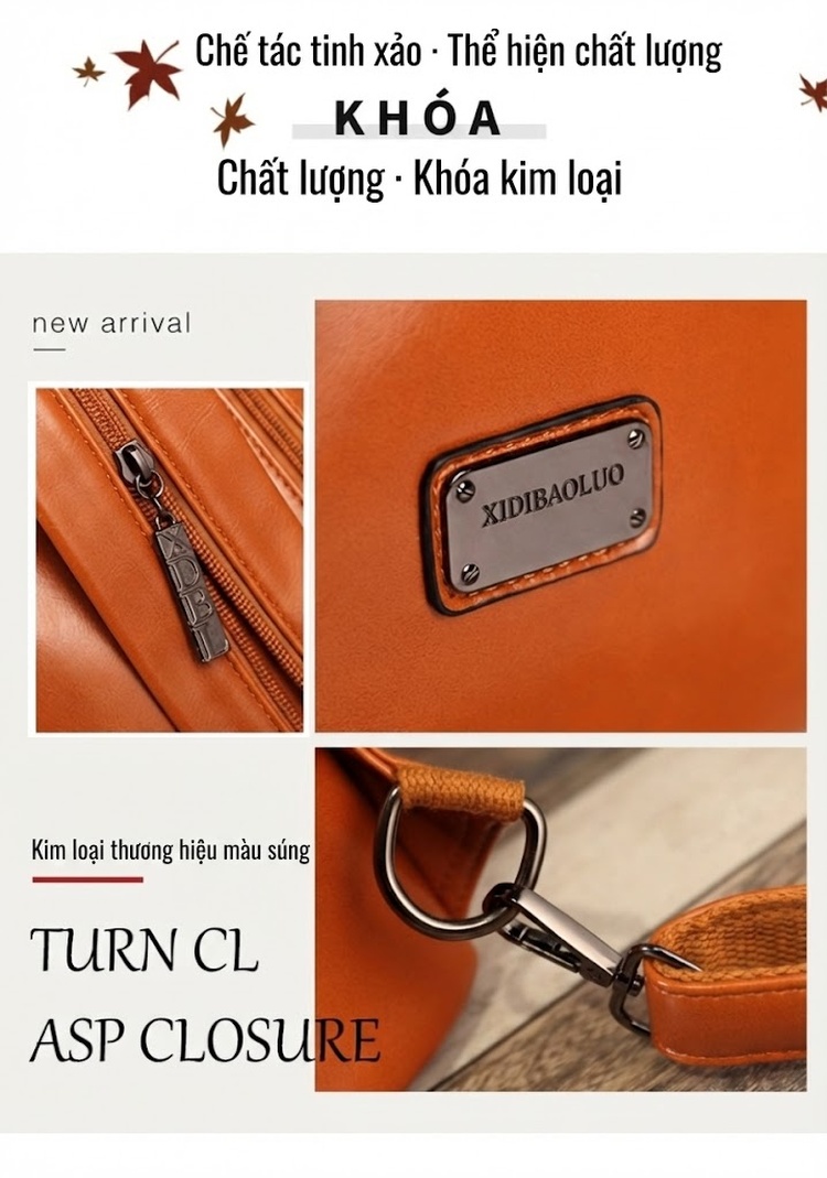 Balo Nữ Da Bóng Nhiều Ngăn Khóa Kéo Phong Cách Retro Màu Nâu, Đen, Đỏ Rượu Vang chi tiết 11