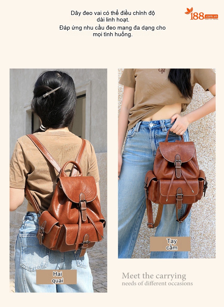 Balo Nữ Da Bóng Phong Cách Âu Mỹ Retro Túi Hộp Chống Trộm Dung Tích Lớn Đeo Vai Hàng Ngày Màu Nâu chi tiết 8