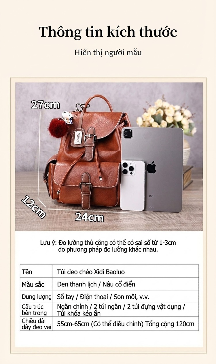 Balo Nữ Da Bóng Phong Cách Âu Mỹ Retro Túi Hộp Chống Trộm Dung Tích Lớn Đeo Vai Hàng Ngày Màu Nâu chi tiết 17
