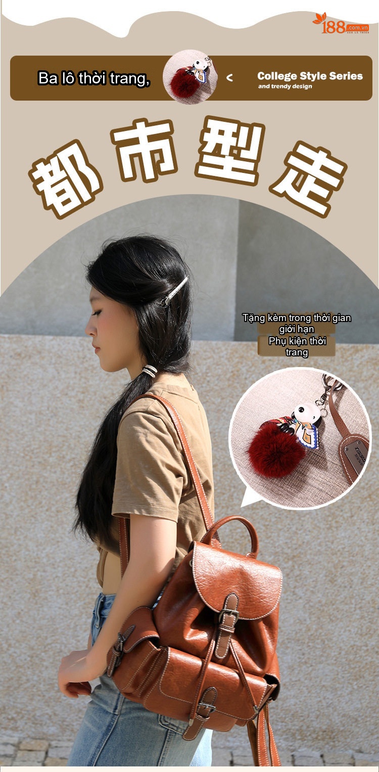 Balo Nữ Da Bóng Phong Cách Âu Mỹ Retro Túi Hộp Chống Trộm Dung Tích Lớn Đeo Vai Hàng Ngày Màu Nâu chi tiết 1