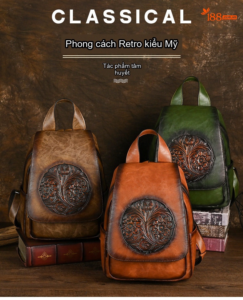 Balo Nữ Da Bóng Thiết Kế Retro Nhiều Ngăn Khóa Kéo Phong Cách Dân Tộc Màu Nâu, Xanh chi tiết 1