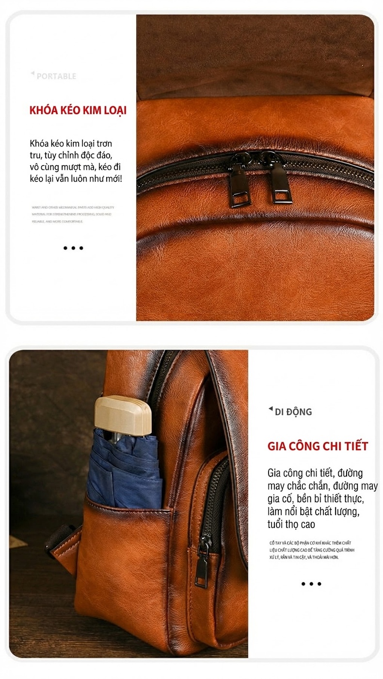 Balo Nữ Da Bóng Thiết Kế Retro Nhiều Ngăn Khóa Kéo Phong Cách Dân Tộc Màu Nâu, Xanh chi tiết 12
