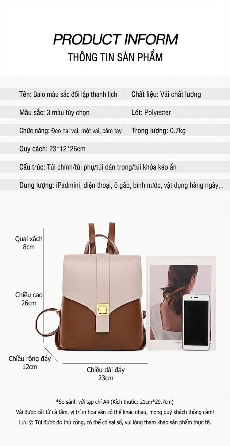 Balo Nữ Da Bóng Thời Trang Đơn Giản Dung Tích Lớn Màu Đen, Nâu chi tiết 3